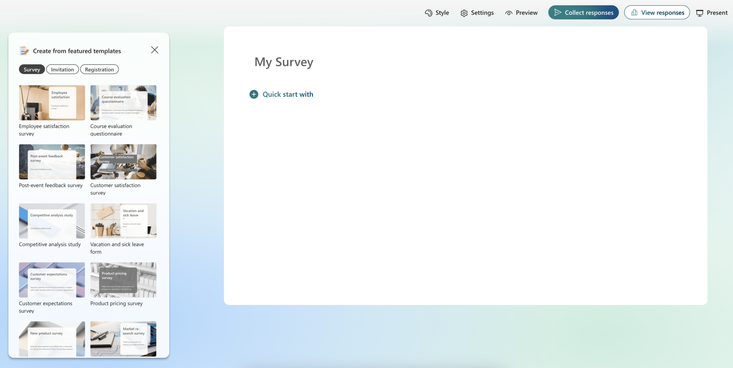Webpage depicting choosing a template for a Microsoft survey
